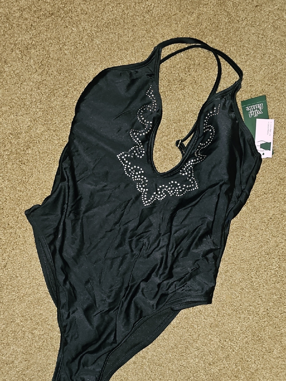 Black One-Piece Swimsuit with Rhinestone Detail
